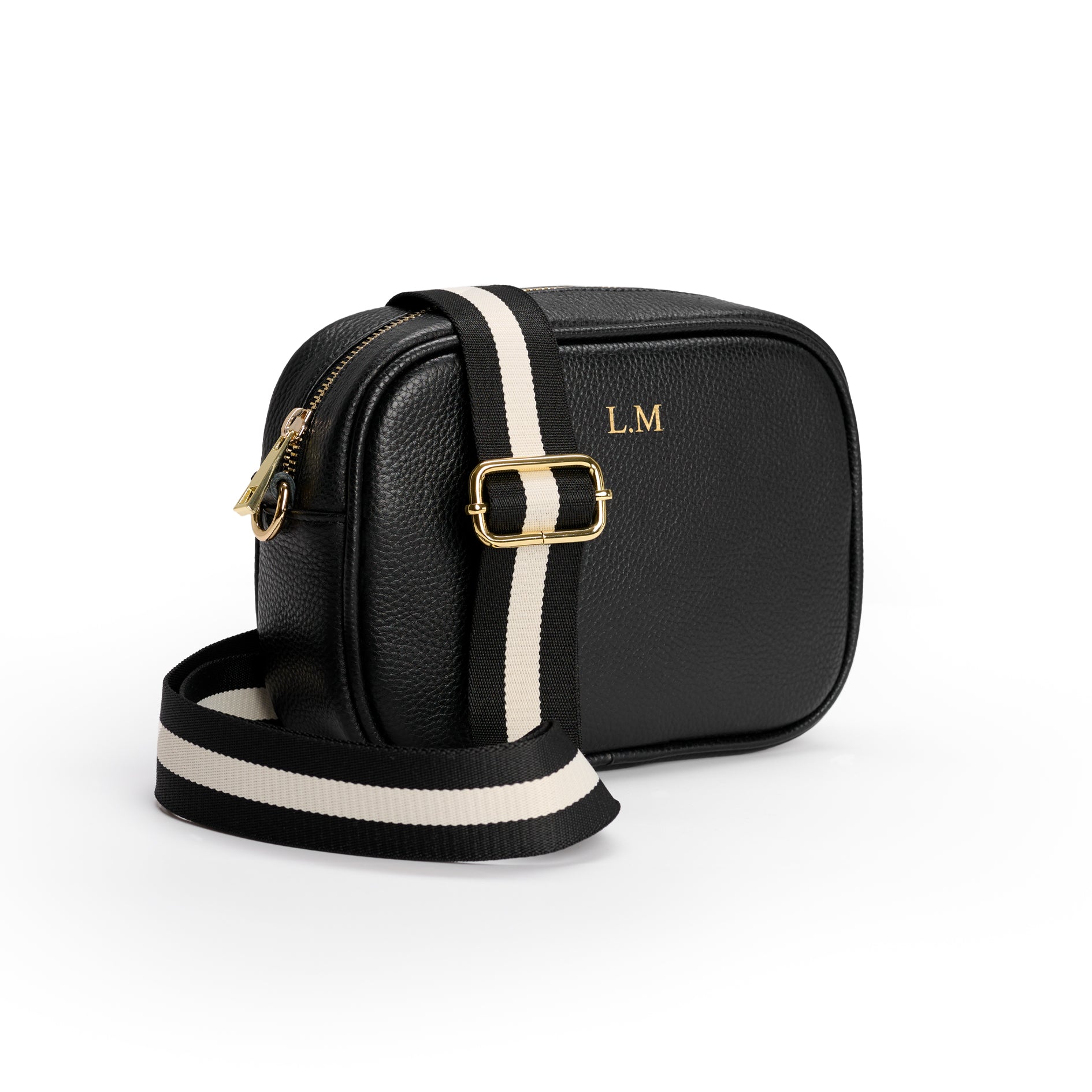 Personalised Black Cross Body Bag with Black Cream Strap