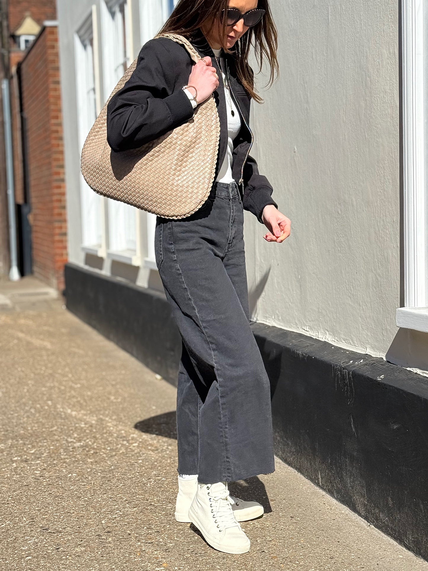 Stone Woven Leather Shoulder Bag