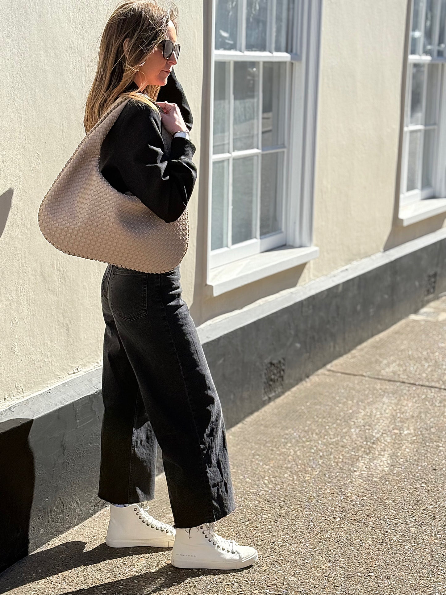 Stone Woven Leather Shoulder Bag