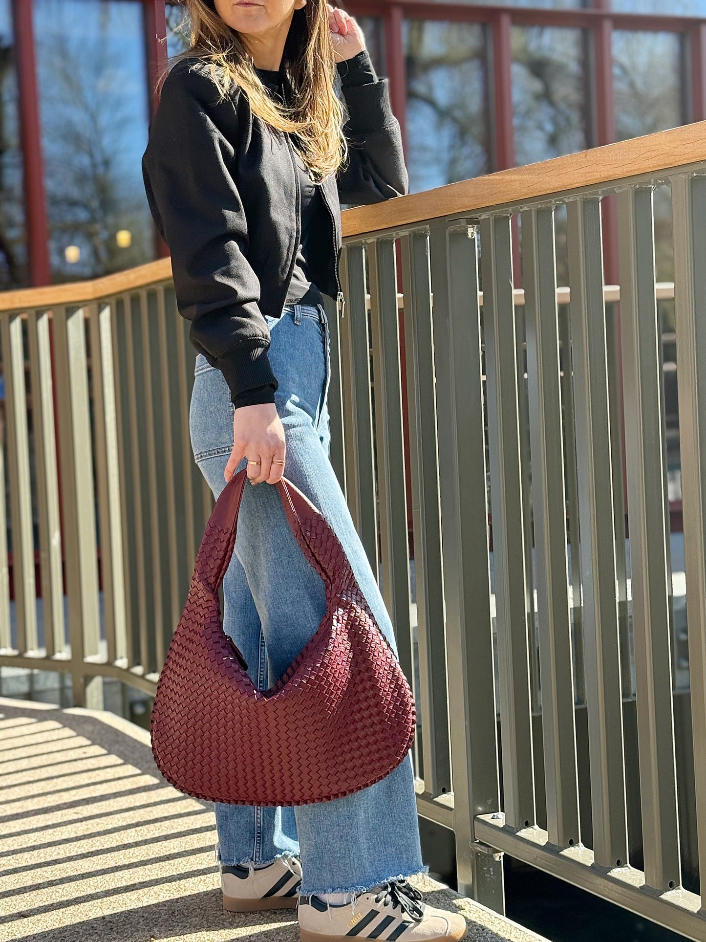 Burgundy Woven Leather Shoulder Bag