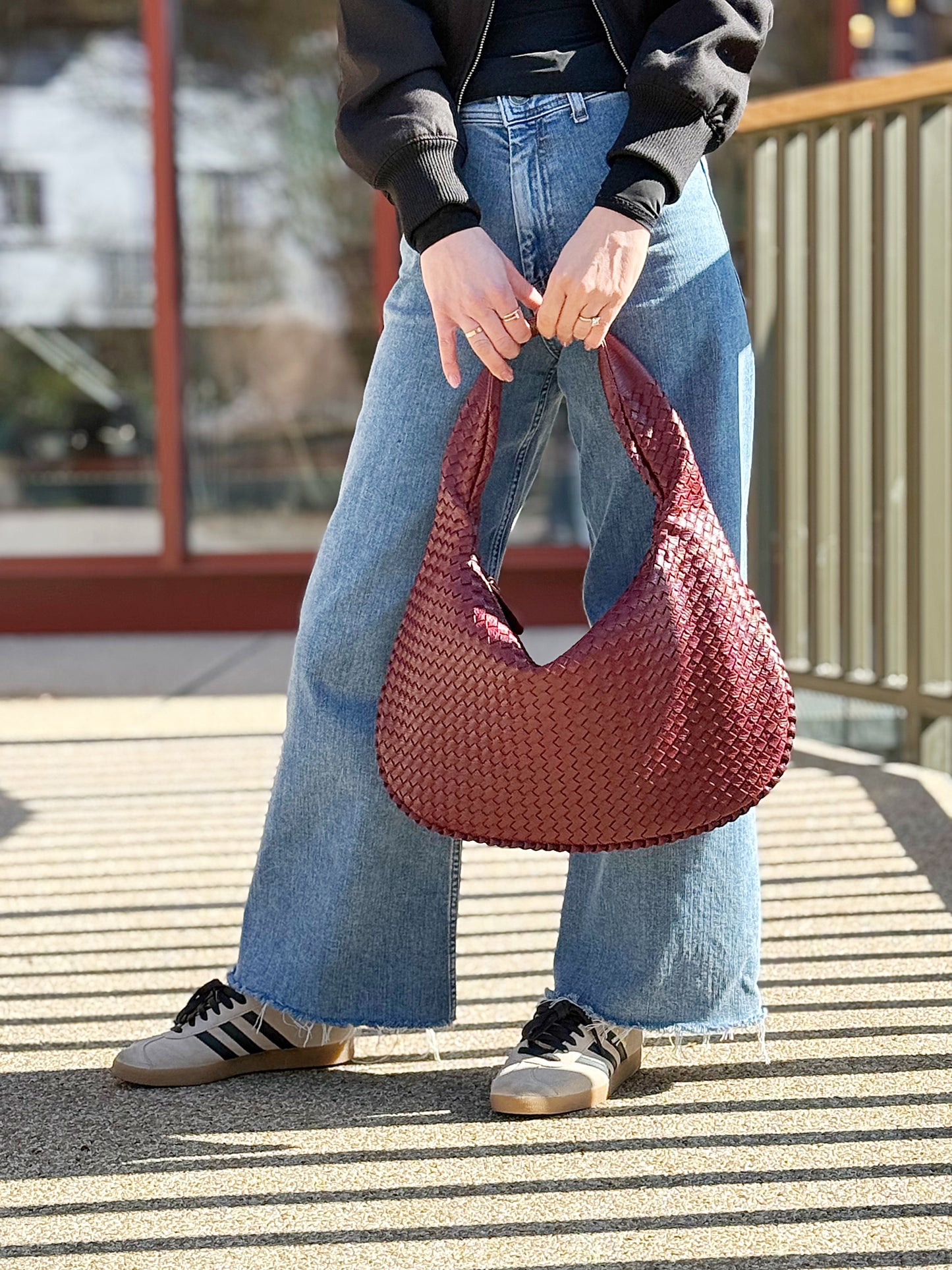 Burgundy Woven Leather Shoulder Bag
