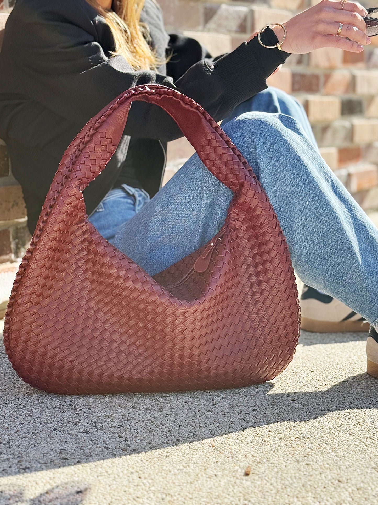Burgundy Woven Leather Shoulder Bag