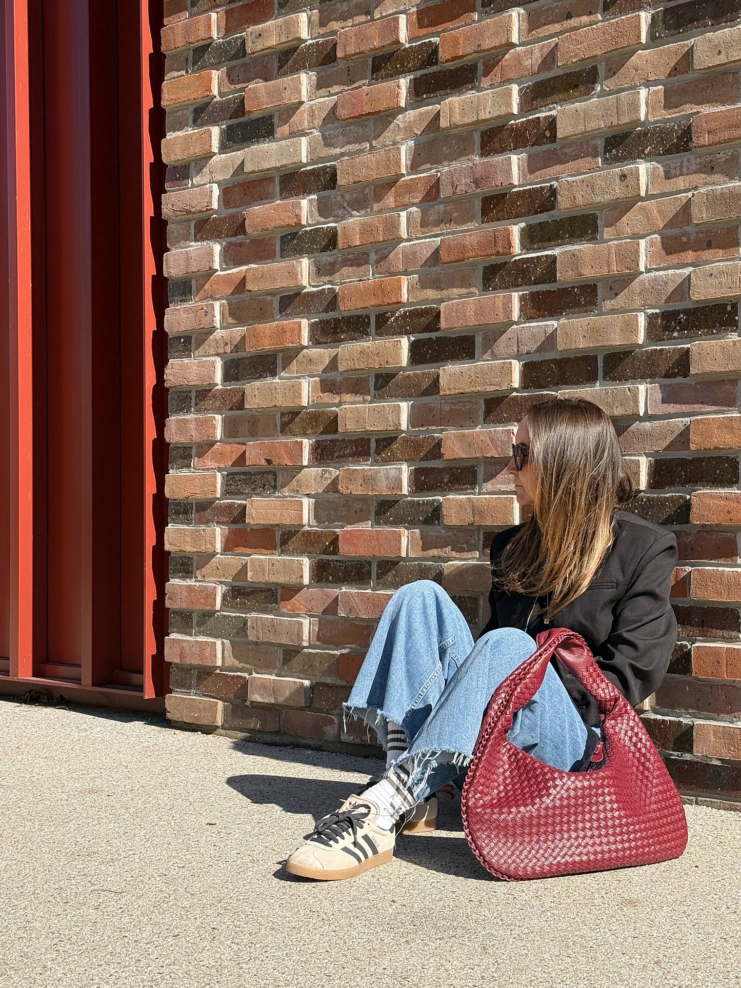 Burgundy Woven Leather Shoulder Bag