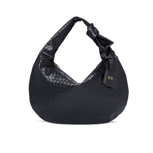 Black Woven Vegan Leather Knot Shoulder Bag