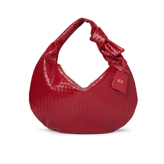 Burgundy Woven Vegan Leather Knot Shoulder Bag