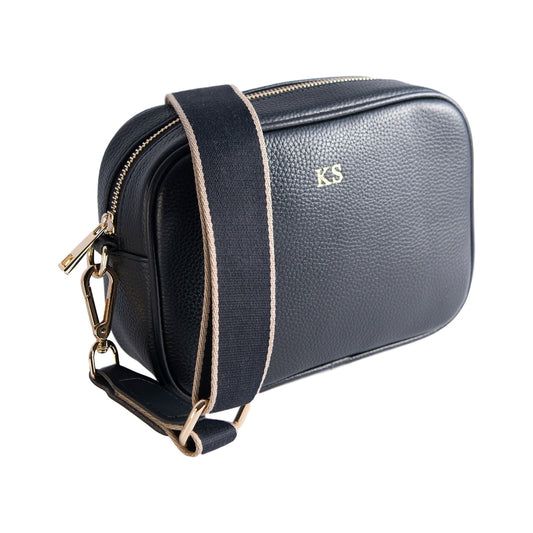 Personalised Black Cross Body Bag with Gold Trim Strap
