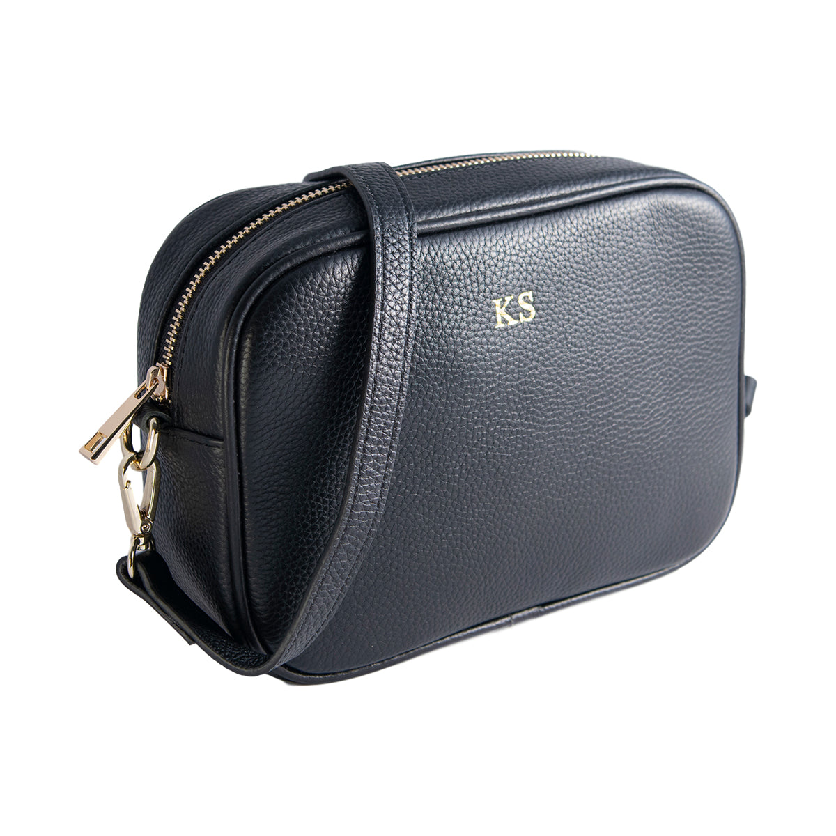 Personalised Black Cross Body Bag with Gold Trim Strap