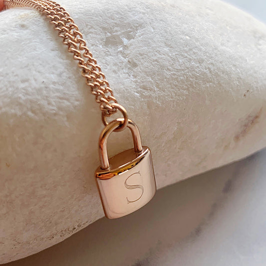 Rose Gold Lock Adjustable Initial Necklace