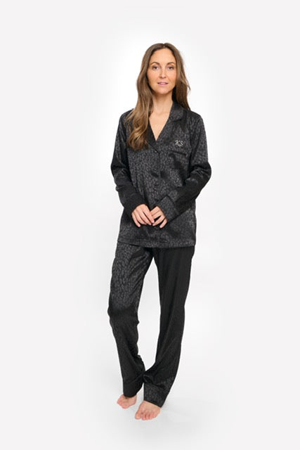 Personalised Satin Black Leopard Print Long Pyjama Set