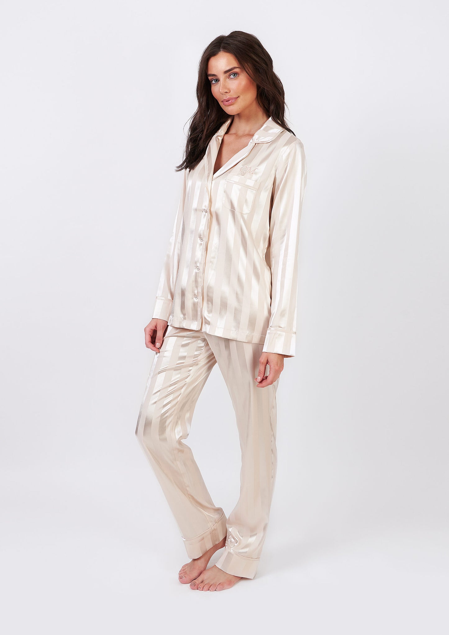 Personalised Champagne Stripe Satin Long Pyjama Set