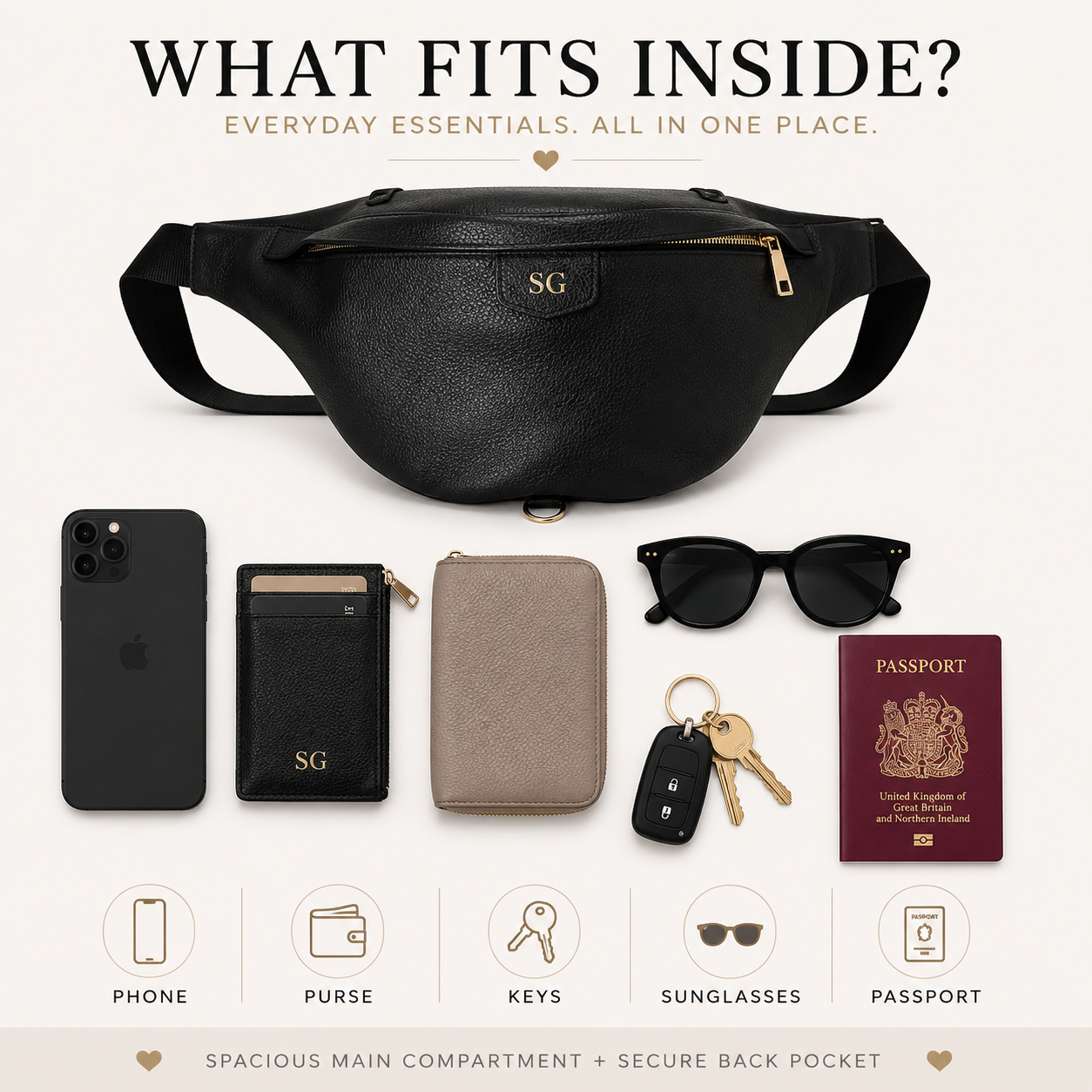 Personalised Black Leather BumBag – Crossbody Belt Bag Fanny Pack