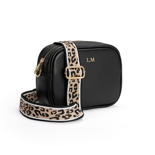 Personalised Black Cross Body Bag with Leopard Print Strap