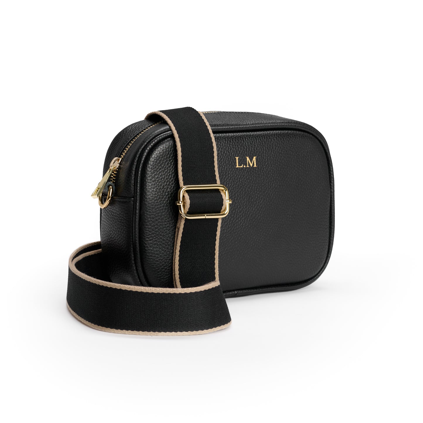 Personalised Black Cross Body Bag with Gold Trim Strap