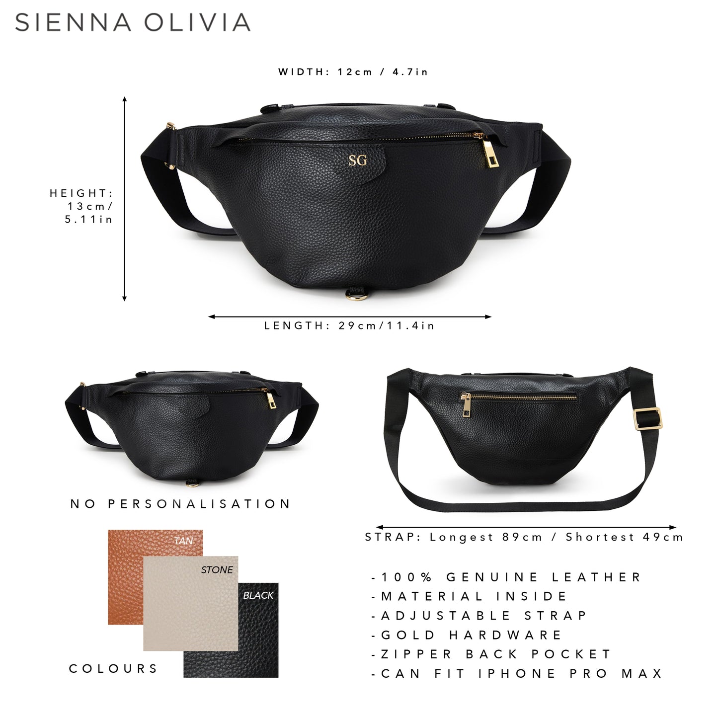 Personalised Stone Leather Bumbag SIENNA OLIVIA UK