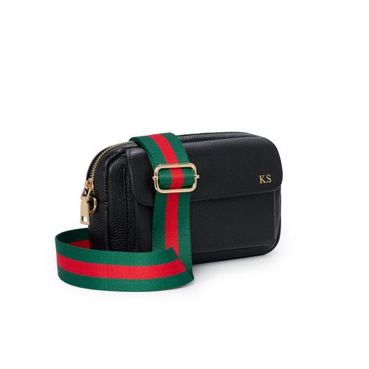 Personalised Cross Body Bag with Red & Green Strap