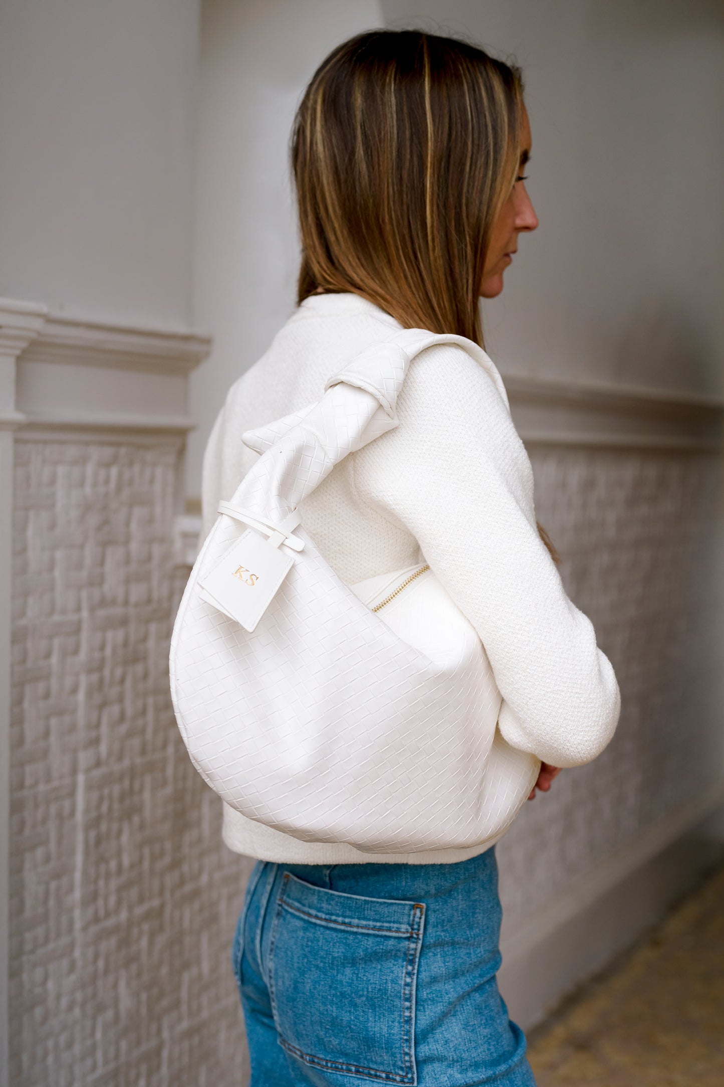 White Woven Vegan Leather Shoulder Bag