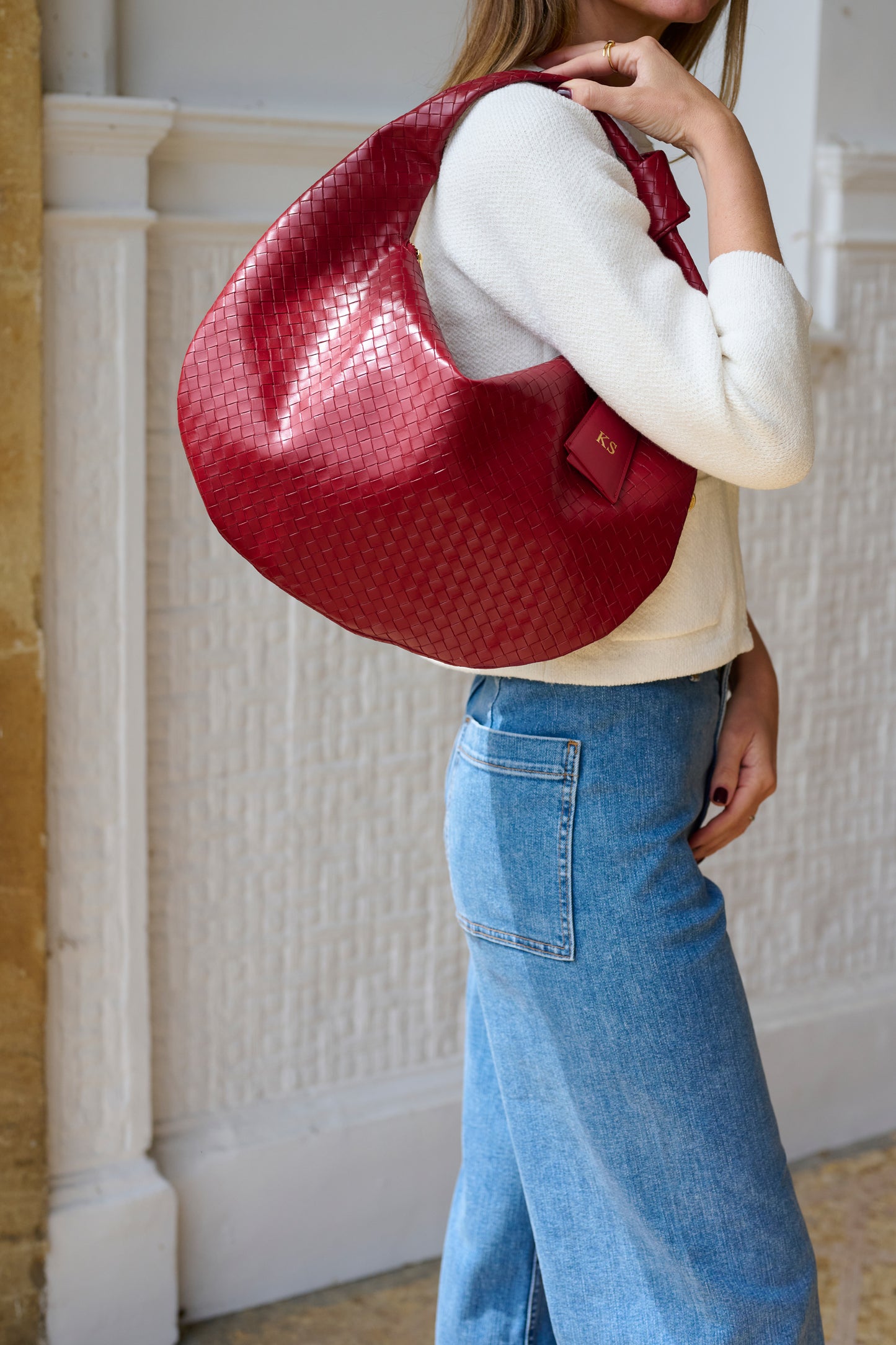 Burgundy Woven Vegan Leather Shoulder Bag