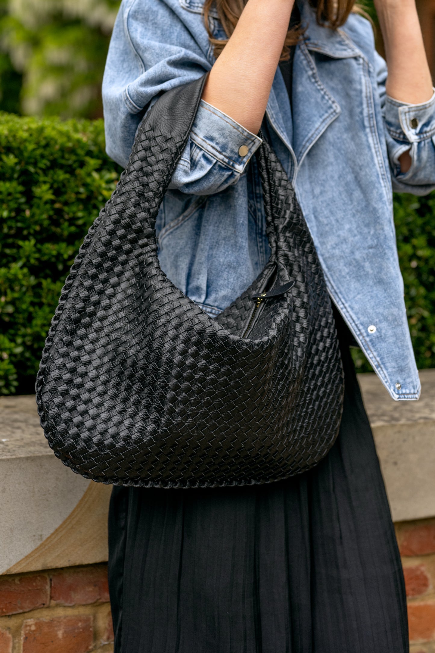 Black Woven Leather Shoulder Bag