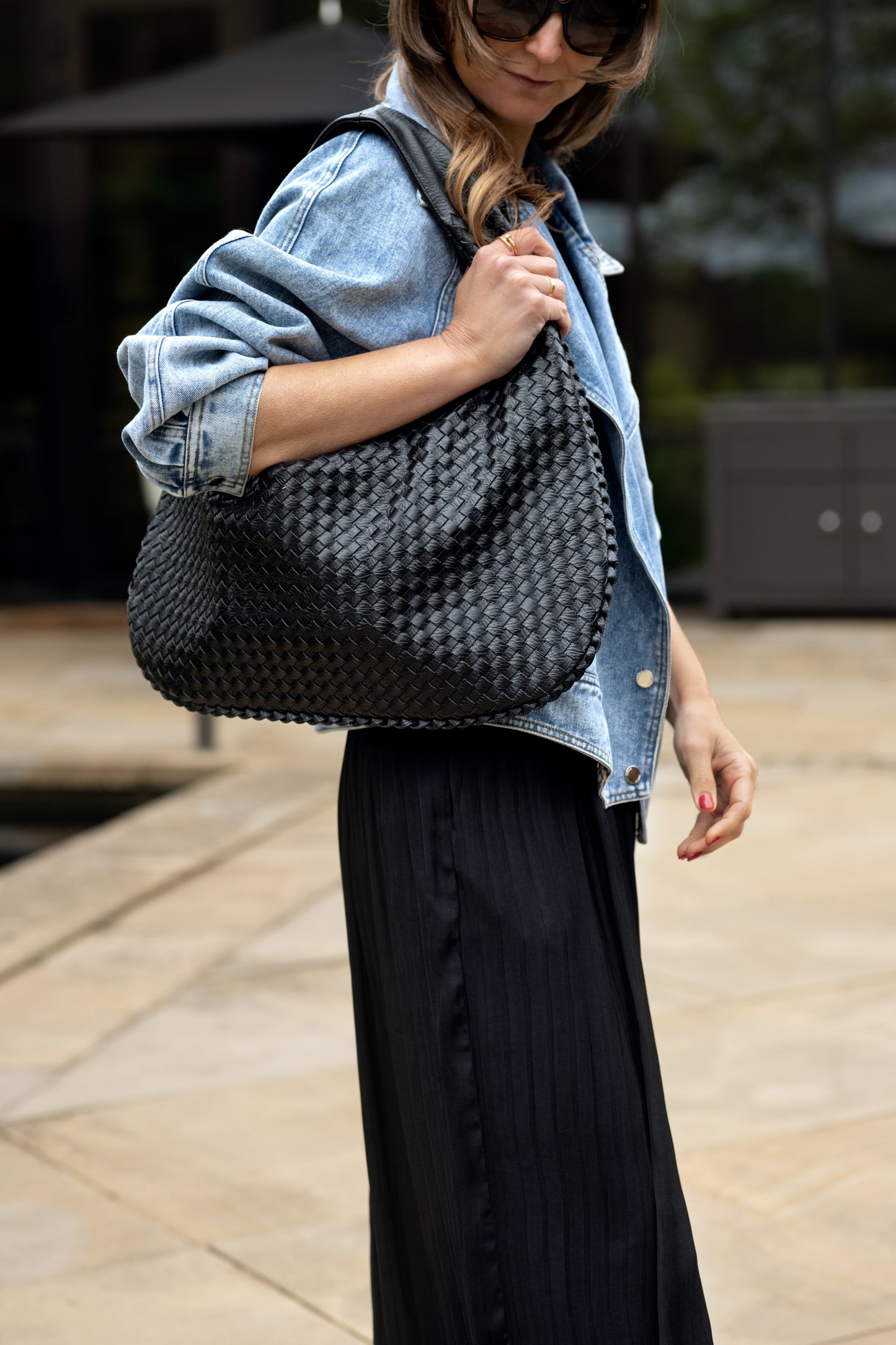 Black Woven Leather Shoulder Bag