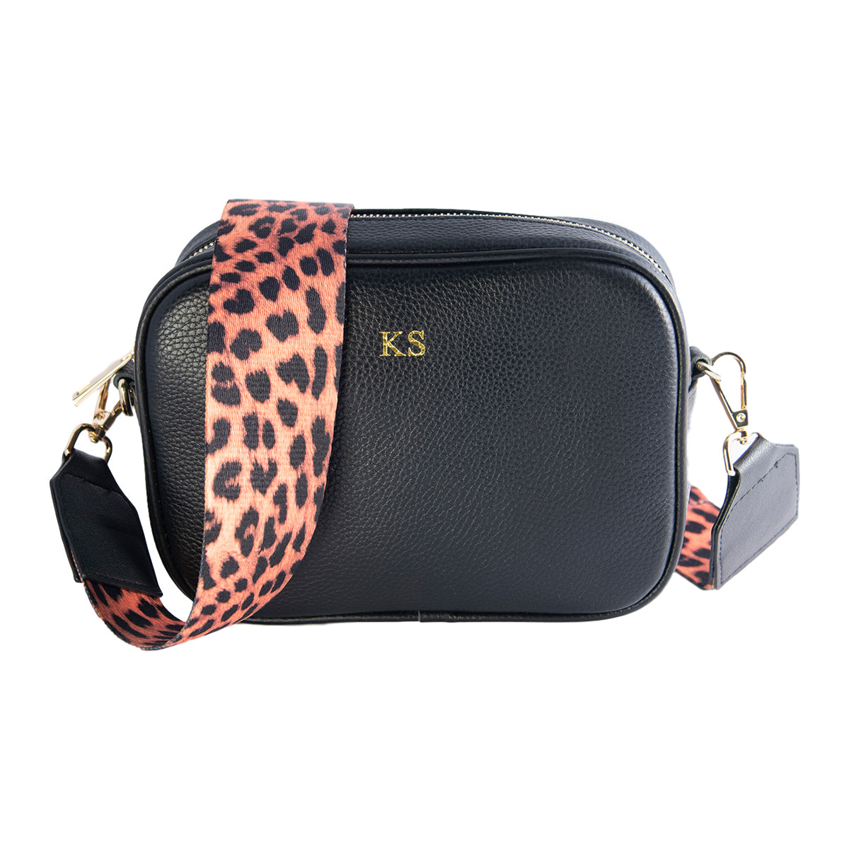 Personalised Black Cross Body Bag with Leopard Print Strap