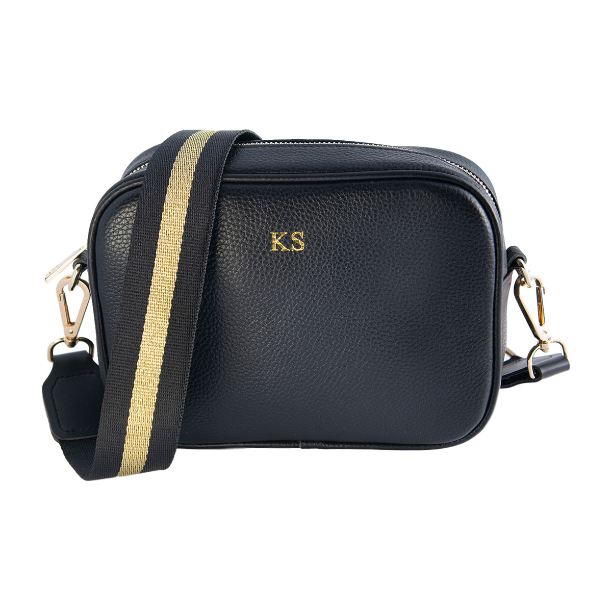 Personalised Black Cross Body Bag with Black & Gold Strap
