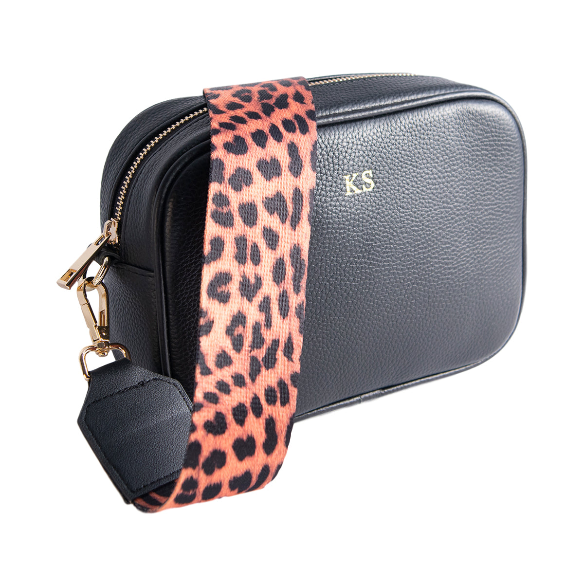 Personalised Black Cross Body Bag with Leopard Print Strap