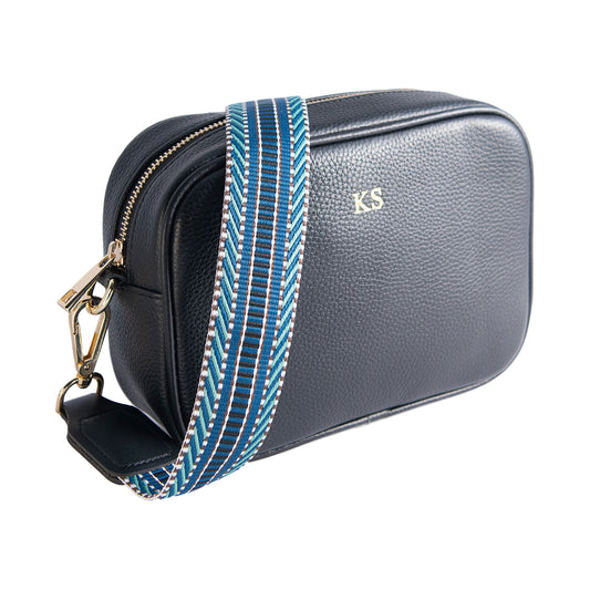 Personalised Black Cross Body Bag with Aztec Blue Strap