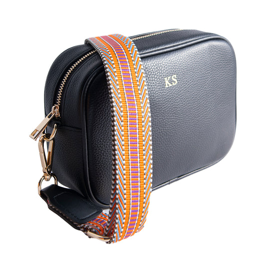 Personalised Black Cross Body Bag with Aztec Pink & Orange Strap
