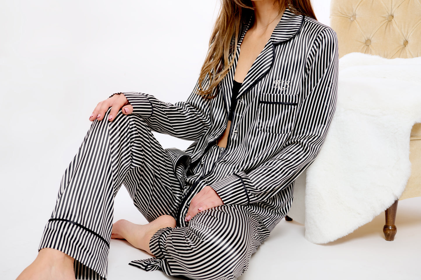 Personalised Satin Black Stripe Long Pyjama Set