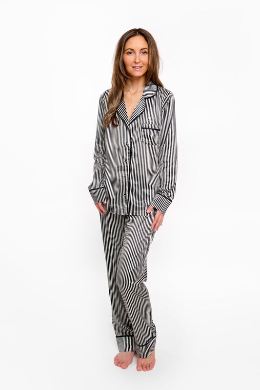 Personalised Satin Black Stripe Long Pyjama Set