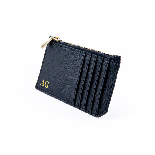 Personalised Black Saffiano Leather Zipped Card Case