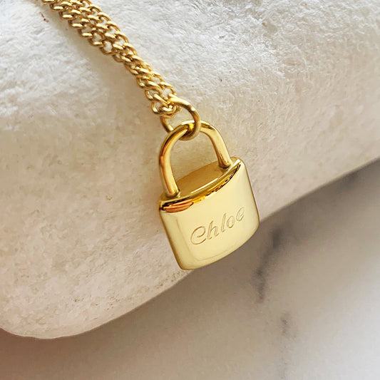 Gold Lock Adjustable Name Necklace