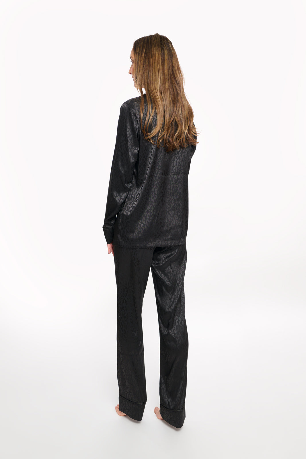 Personalised Satin Black Leopard Print Long Pyjama Set