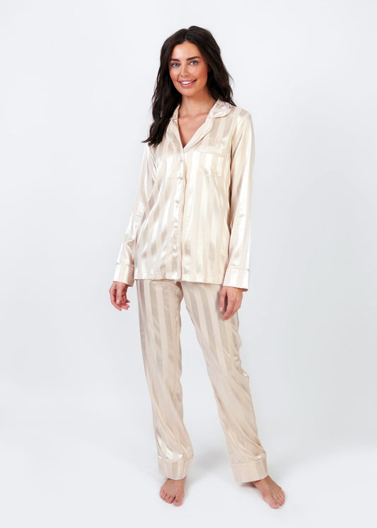 Personalised Champagne Stripe Satin Long Pyjama Set